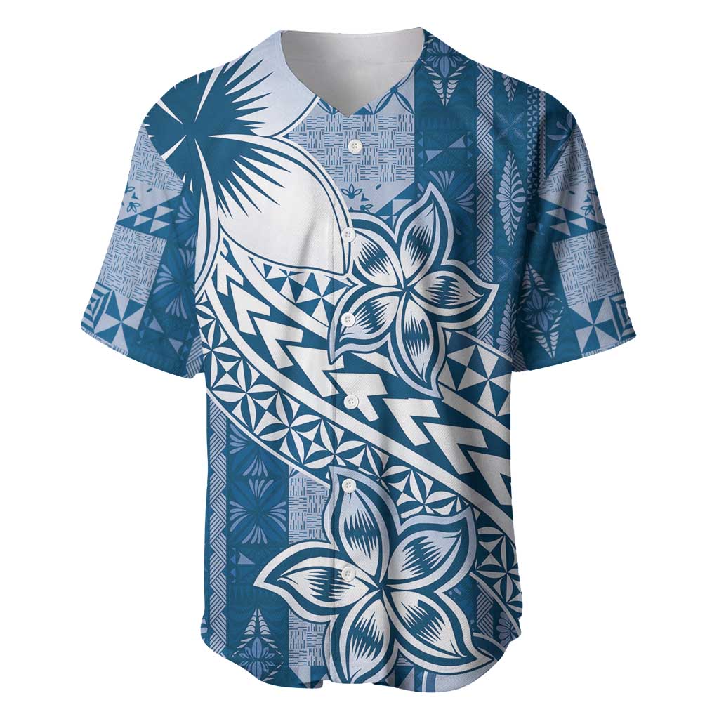Tonga Kupesi Ngatu Baseball Jersey Vintage Blue Plumeria