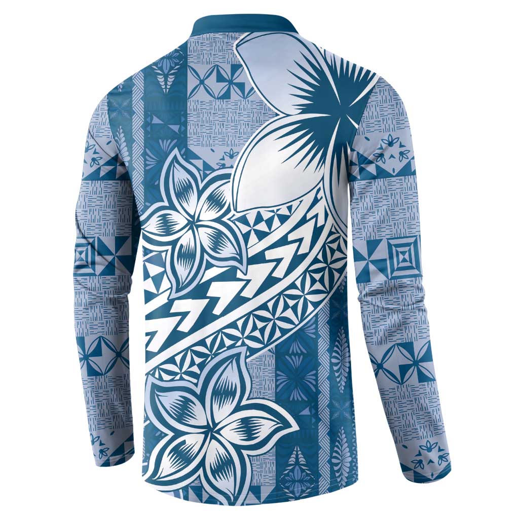 Tonga Kupesi Ngatu Button Sweatshirt Vintage Blue Plumeria LT05 - Polynesian Pride