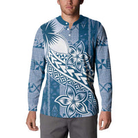 Tonga Kupesi Ngatu Button Sweatshirt Vintage Blue Plumeria LT05 - Polynesian Pride