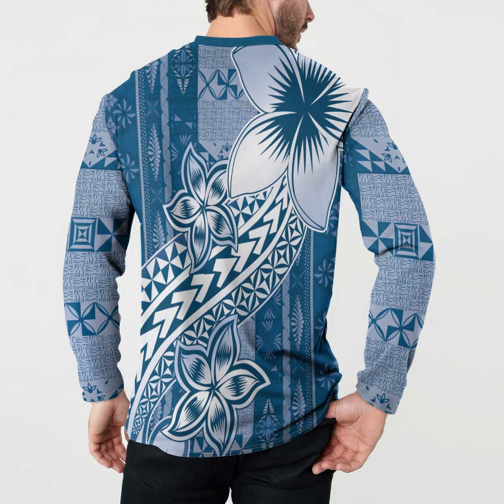 Tonga Kupesi Ngatu Button Sweatshirt Vintage Blue Plumeria LT05 - Polynesian Pride