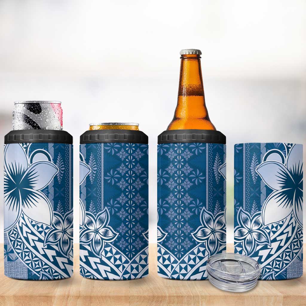Tonga Kupesi Ngatu 4 in 1 Can Cooler Tumbler Vintage Blue Plumeria LT05 - Polynesian Pride