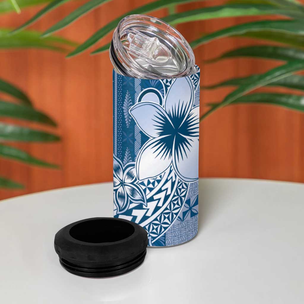 Tonga Kupesi Ngatu 4 in 1 Can Cooler Tumbler Vintage Blue Plumeria LT05 - Polynesian Pride