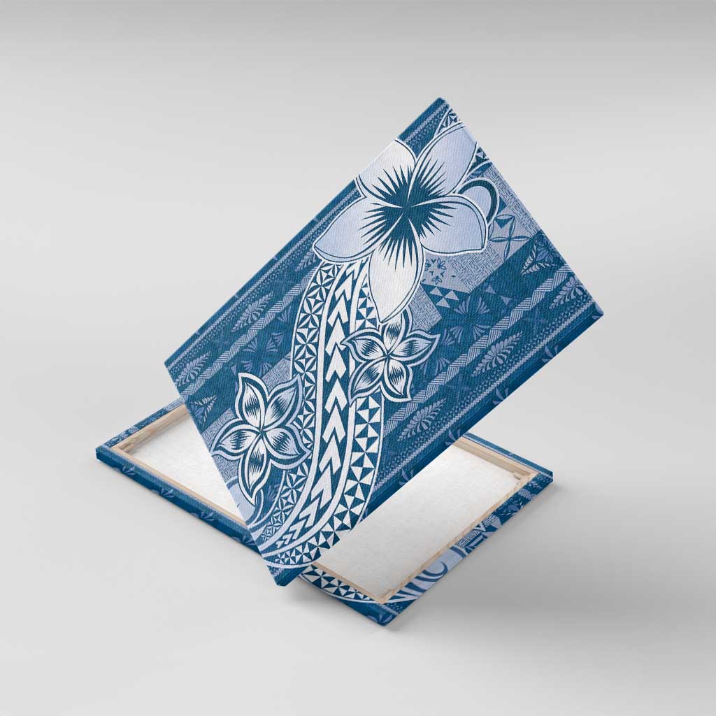 Tonga Kupesi Ngatu Canvas Wall Art Vintage Blue Plumeria LT05 With Frame Blue - Polynesian Pride
