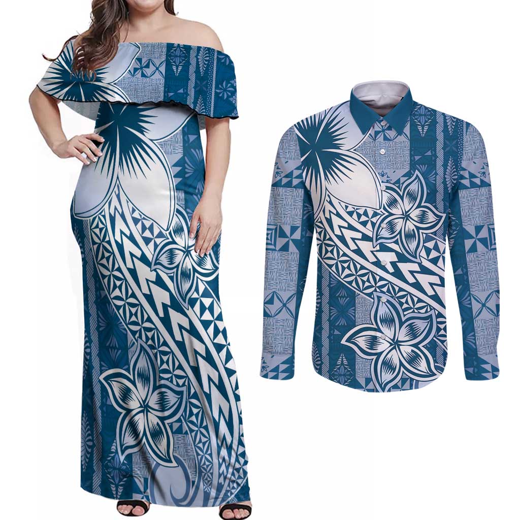 Tonga Kupesi Ngatu Couples Matching Off Shoulder Maxi Dress and Long Sleeve Button Shirt Vintage Blue Plumeria