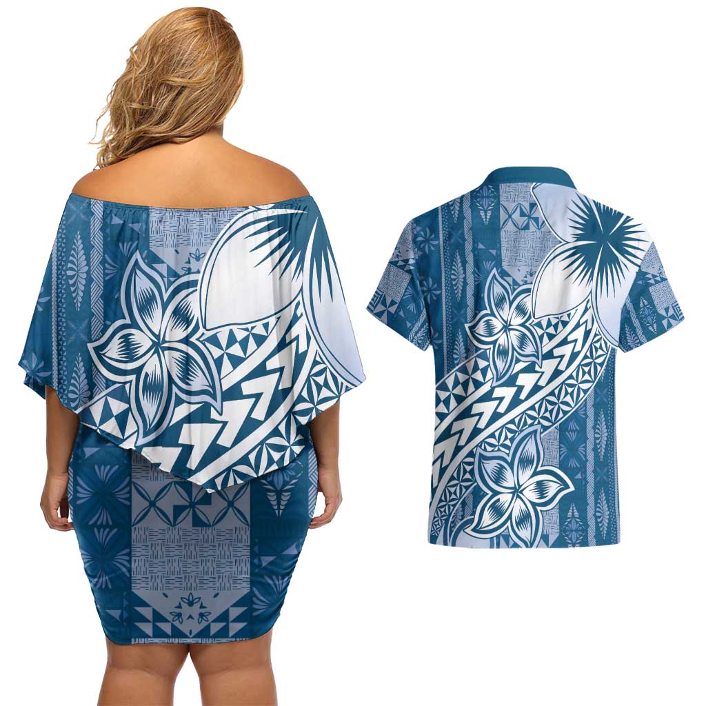 Tonga Kupesi Ngatu Couples Matching Off Shoulder Short Dress and Hawaiian Shirt Vintage Blue Plumeria