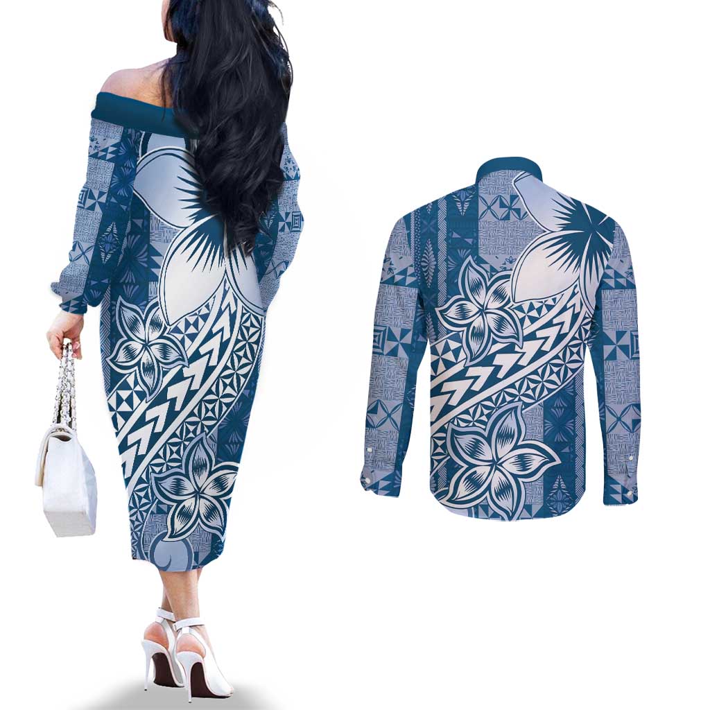 Tonga Kupesi Ngatu Couples Matching Off The Shoulder Long Sleeve Dress and Long Sleeve Button Shirt Vintage Blue Plumeria