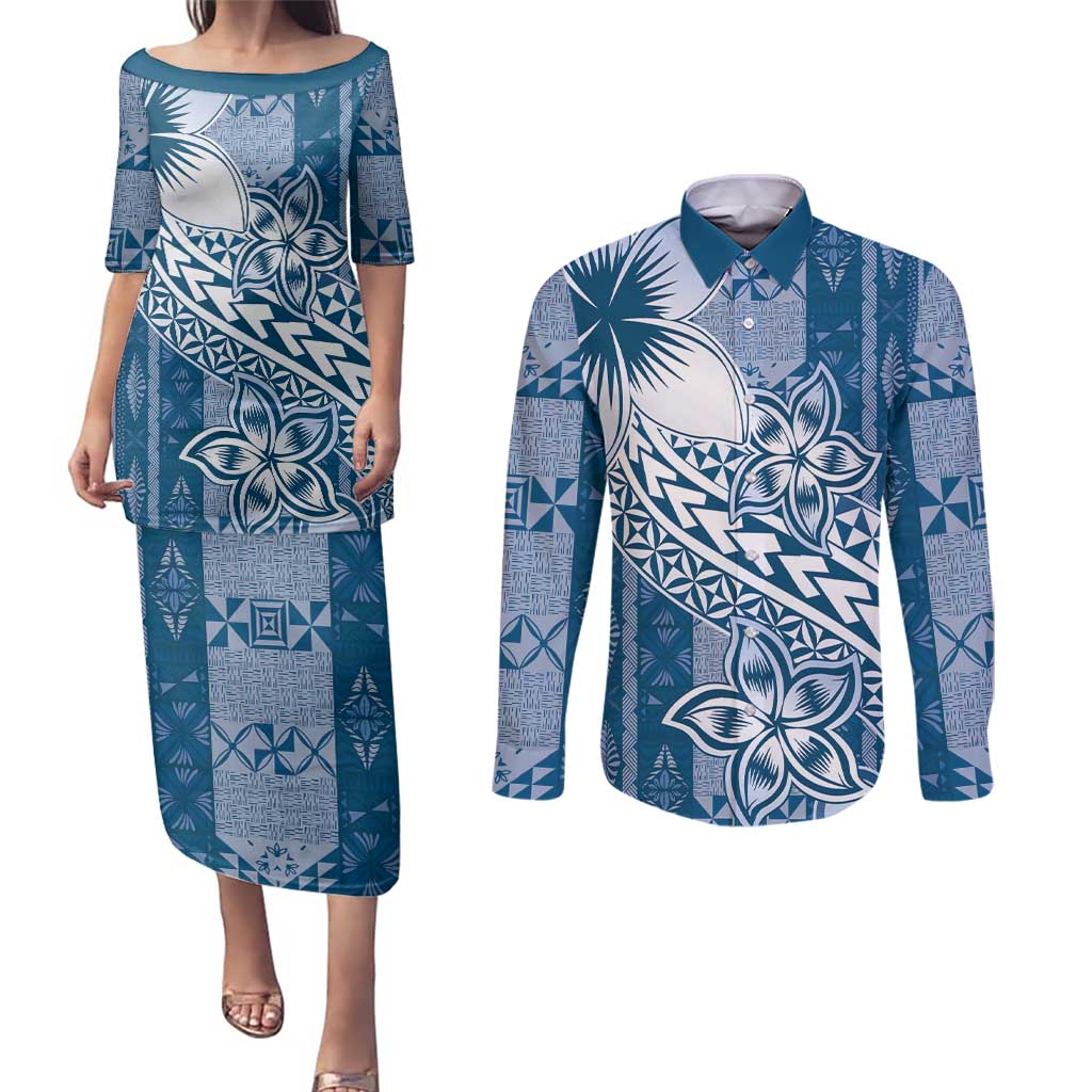 Tonga Kupesi Ngatu Couples Matching Puletasi and Long Sleeve Button Shirt Vintage Blue Plumeria LT05 Blue - Polynesian Pride