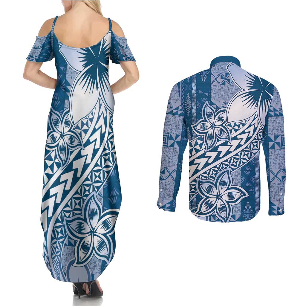 Tonga Kupesi Ngatu Couples Matching Summer Maxi Dress and Long Sleeve Button Shirt Vintage Blue Plumeria LT05 - Polynesian Pride