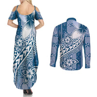 Tonga Kupesi Ngatu Couples Matching Summer Maxi Dress and Long Sleeve Button Shirt Vintage Blue Plumeria LT05 - Polynesian Pride