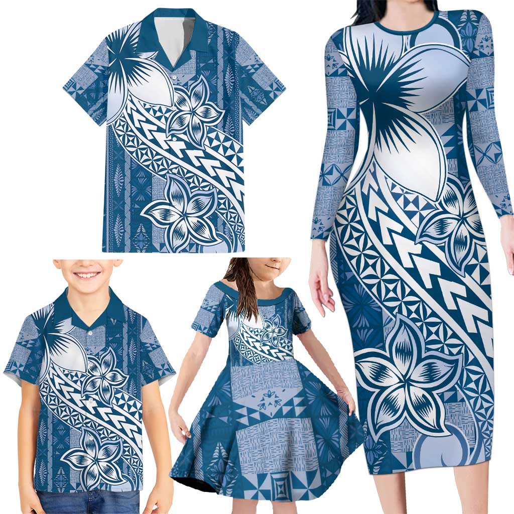 Tonga Kupesi Ngatu Family Matching Long Sleeve Bodycon Dress and Hawaiian Shirt Vintage Blue Plumeria