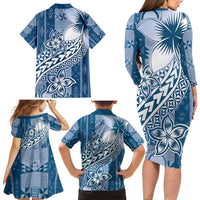 Tonga Kupesi Ngatu Family Matching Long Sleeve Bodycon Dress and Hawaiian Shirt Vintage Blue Plumeria