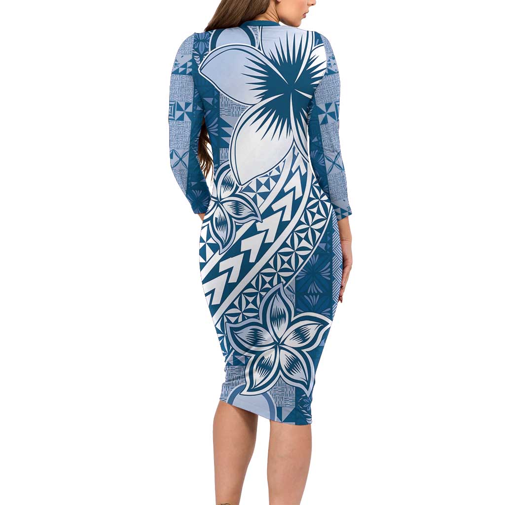 Tonga Kupesi Ngatu Family Matching Long Sleeve Bodycon Dress and Hawaiian Shirt Vintage Blue Plumeria