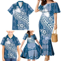 Tonga Kupesi Ngatu Family Matching Mermaid Dress and Hawaiian Shirt Vintage Blue Plumeria
