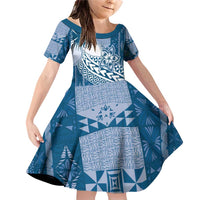 Tonga Kupesi Ngatu Family Matching Off Shoulder Short Dress and Hawaiian Shirt Vintage Blue Plumeria