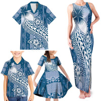 Tonga Kupesi Ngatu Family Matching Tank Maxi Dress and Hawaiian Shirt Vintage Blue Plumeria