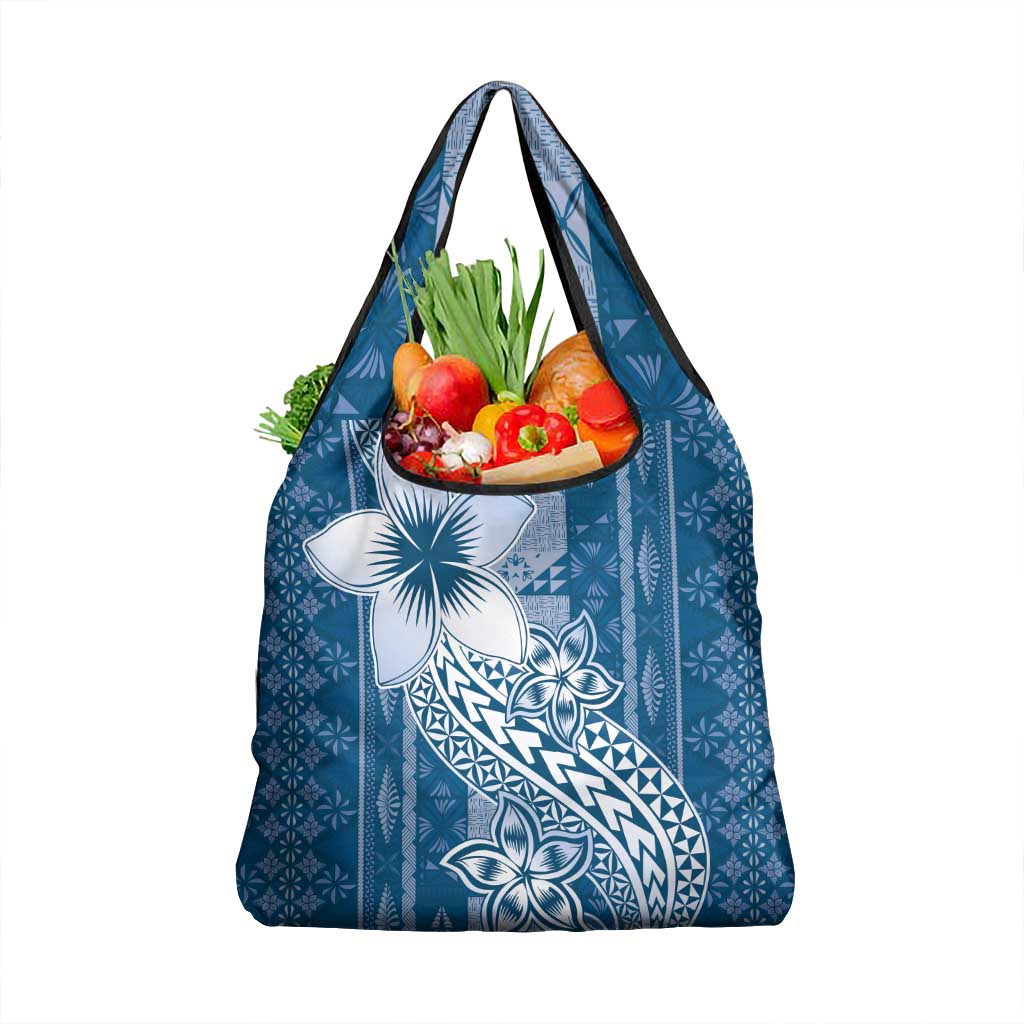 Tonga Kupesi Ngatu Grocery Bag Vintage Blue Plumeria LT05 1-pack One Size Blue - Polynesian Pride