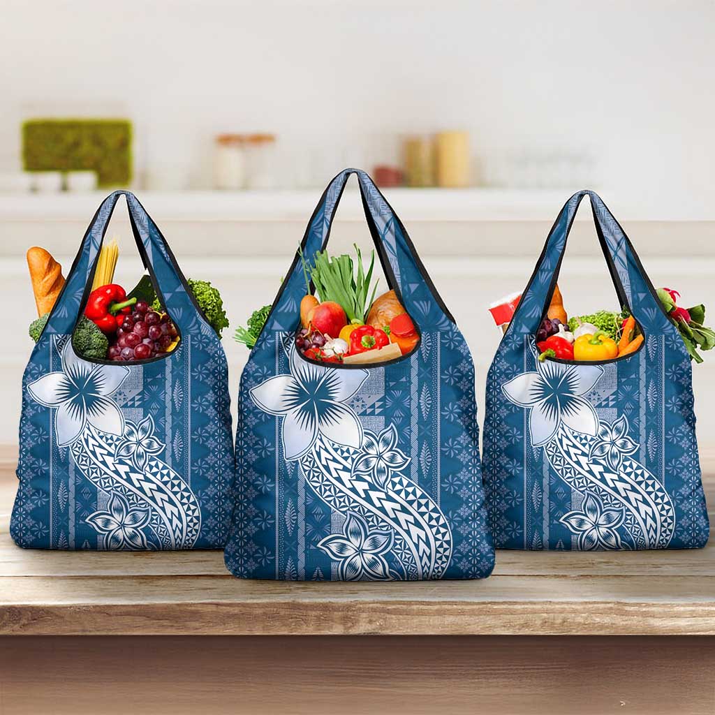 Tonga Kupesi Ngatu Grocery Bag Vintage Blue Plumeria LT05 3-pack One Size Blue - Polynesian Pride