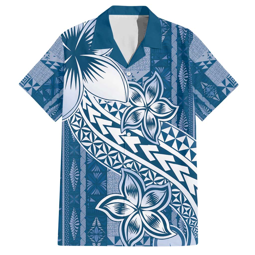 Tonga Kupesi Ngatu Hawaiian Shirt Vintage Blue Plumeria LT05 Blue - Polynesian Pride