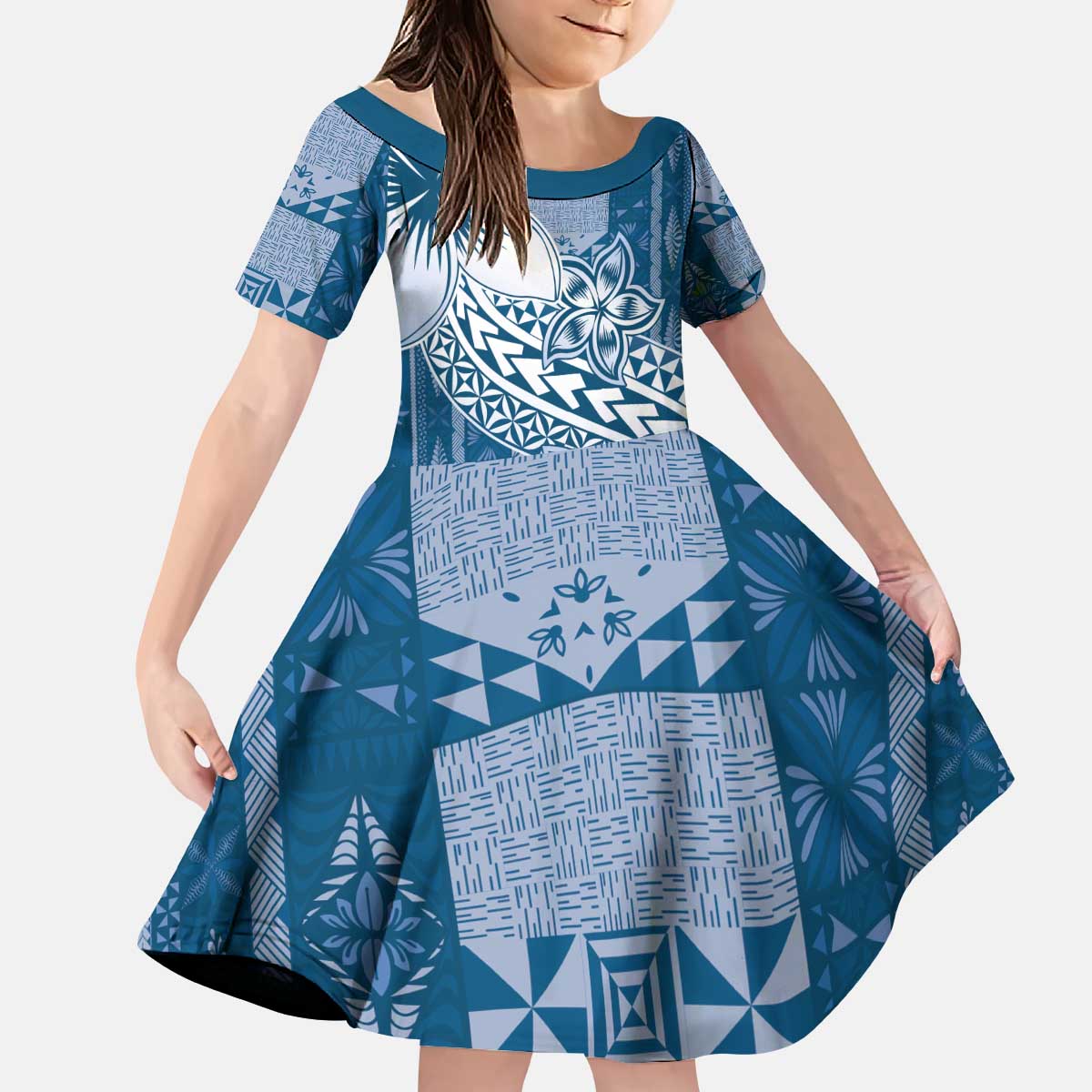 Tonga Kupesi Ngatu Kid Short Sleeve Dress Vintage Blue Plumeria LT05 KID Blue - Polynesian Pride