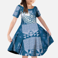 Tonga Kupesi Ngatu Kid Short Sleeve Dress Vintage Blue Plumeria LT05 KID Blue - Polynesian Pride