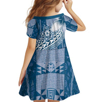 Tonga Kupesi Ngatu Kid Short Sleeve Dress Vintage Blue Plumeria LT05 - Polynesian Pride