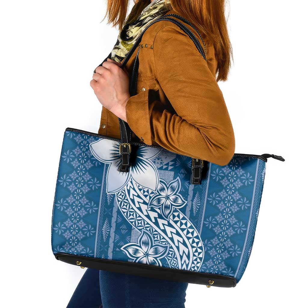 Tonga Kupesi Ngatu Leather Tote Bag Vintage Blue Plumeria