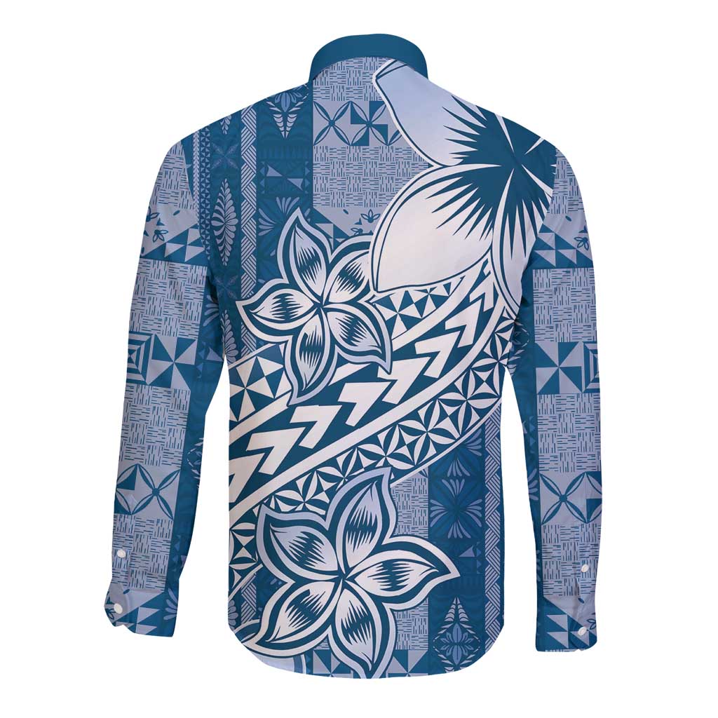 Tonga Kupesi Ngatu Long Sleeve Button Shirt Vintage Blue Plumeria LT05 - Polynesian Pride