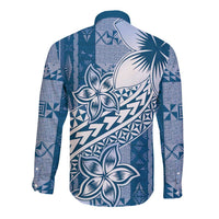 Tonga Kupesi Ngatu Long Sleeve Button Shirt Vintage Blue Plumeria LT05 - Polynesian Pride