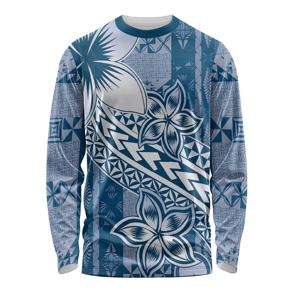 Tonga Kupesi Ngatu Long Sleeve Shirt Vintage Blue Plumeria LT05 Unisex Blue - Polynesian Pride