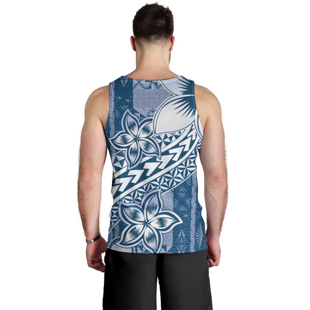 Tonga Kupesi Ngatu Men Tank Top Vintage Blue Plumeria LT05 - Polynesian Pride