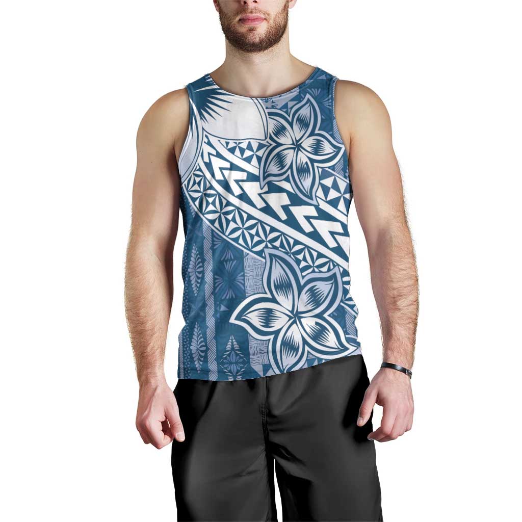 Tonga Kupesi Ngatu Men Tank Top Vintage Blue Plumeria LT05 - Polynesian Pride