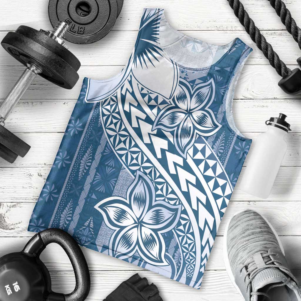 Tonga Kupesi Ngatu Men Tank Top Vintage Blue Plumeria LT05 - Polynesian Pride