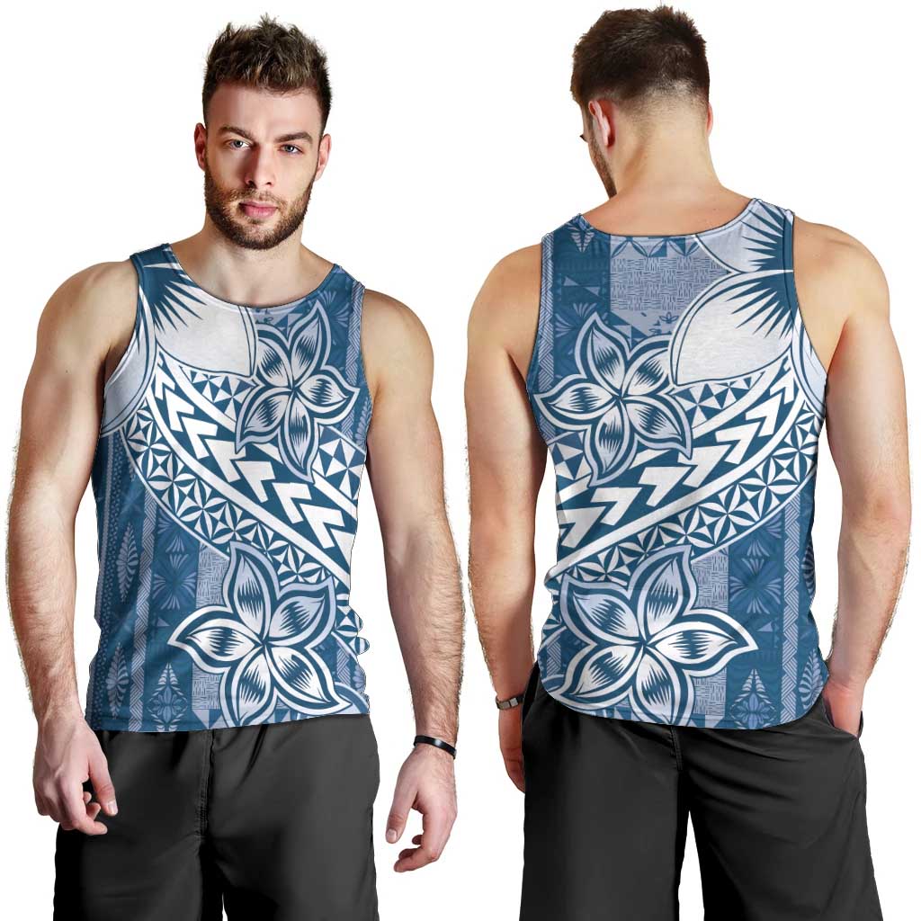 Tonga Kupesi Ngatu Men Tank Top Vintage Blue Plumeria LT05 - Polynesian Pride