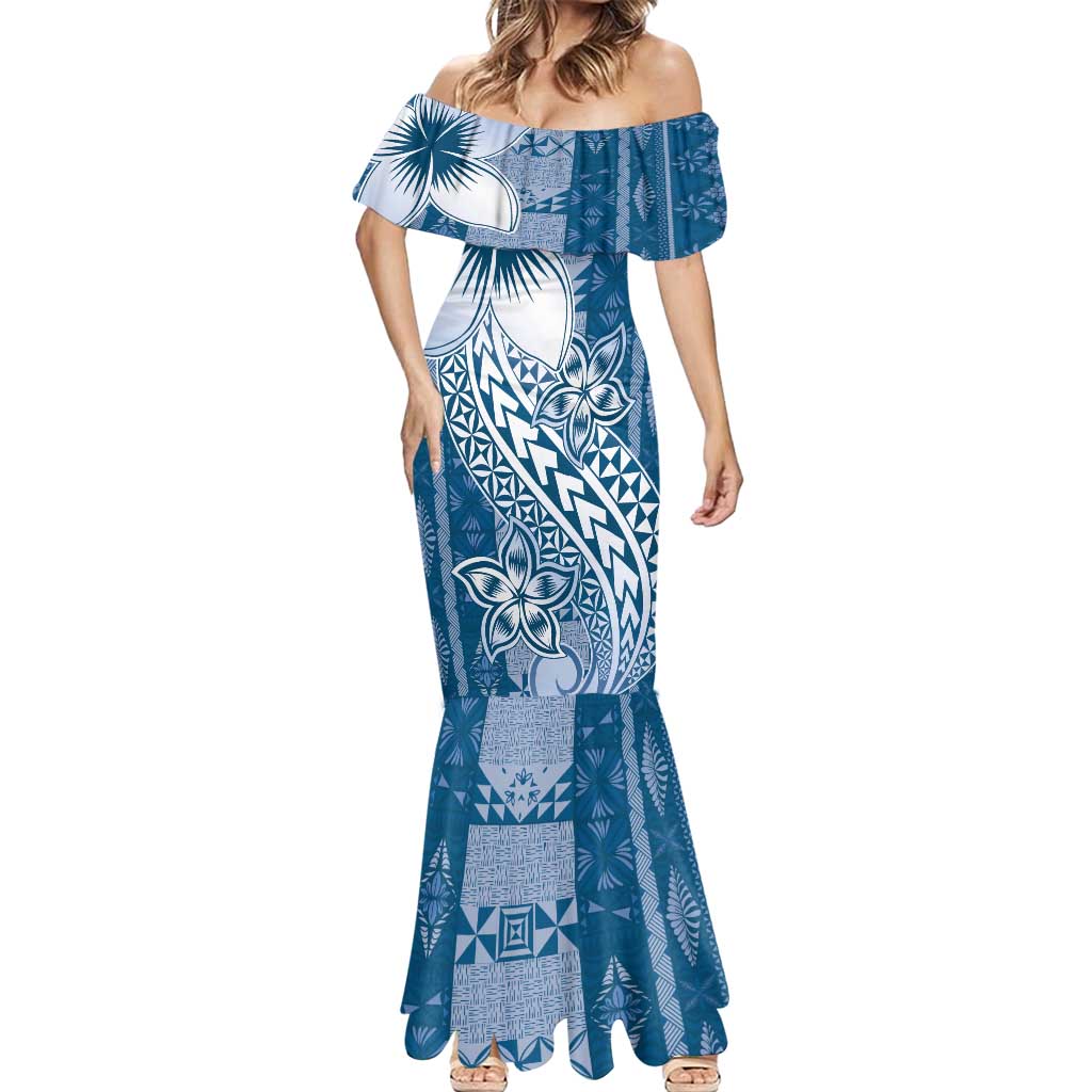 Tonga Kupesi Ngatu Mermaid Dress Vintage Blue Plumeria