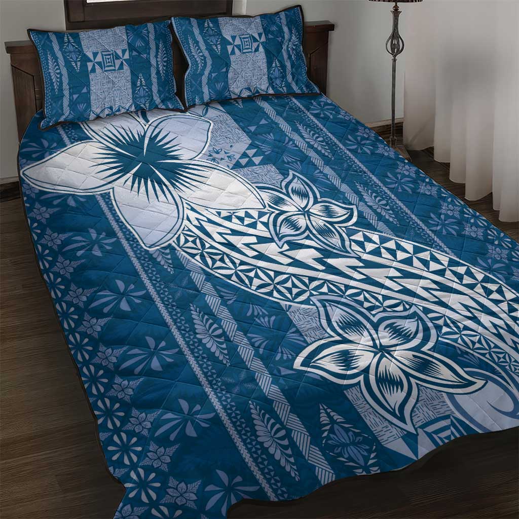 Tonga Kupesi Ngatu Quilt Bed Set Vintage Blue Plumeria