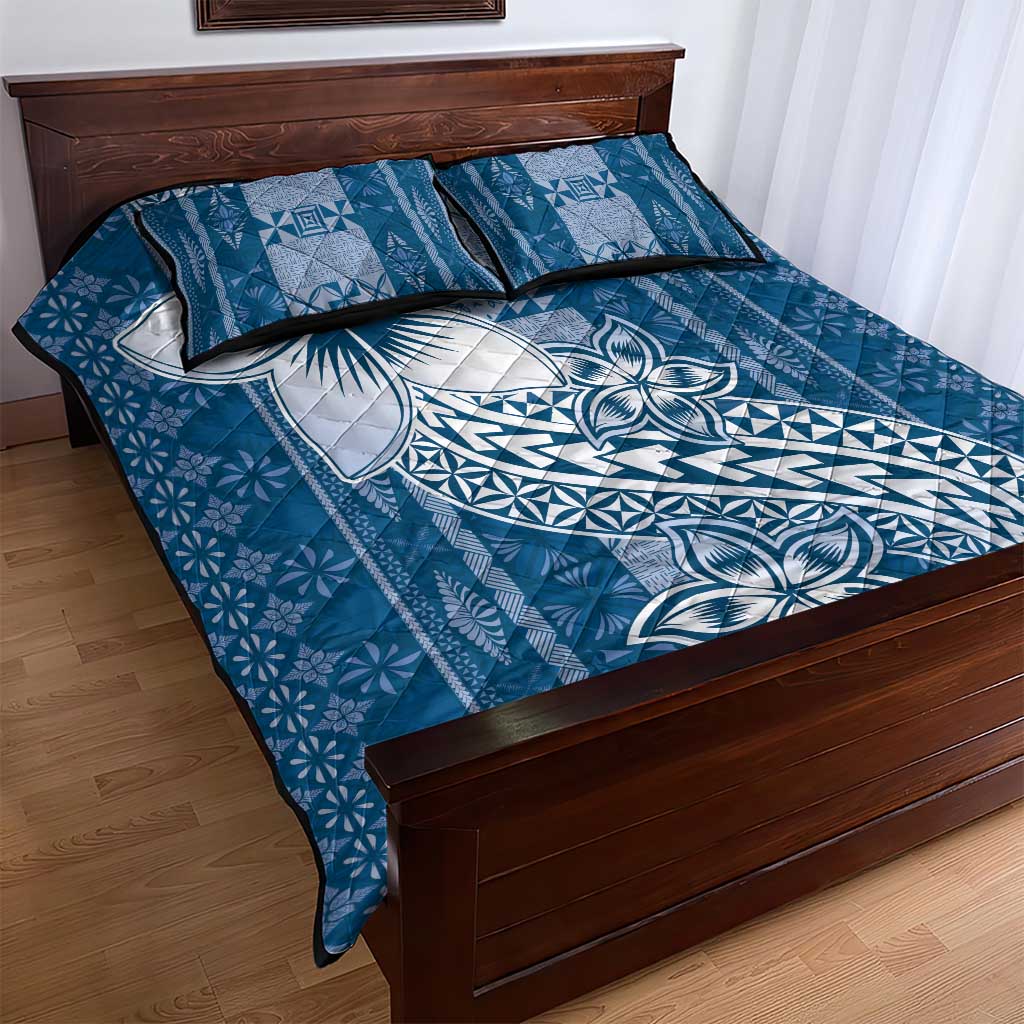 Tonga Kupesi Ngatu Quilt Bed Set Vintage Blue Plumeria