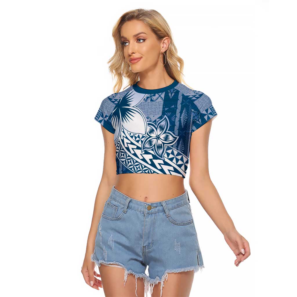 Tonga Kupesi Ngatu Raglan Cropped T Shirt Vintage Blue Plumeria