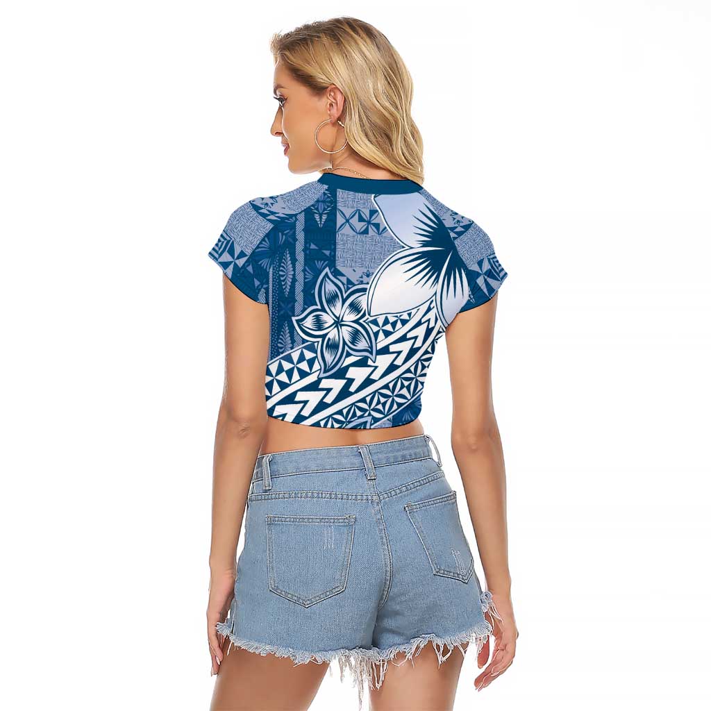 Tonga Kupesi Ngatu Raglan Cropped T Shirt Vintage Blue Plumeria