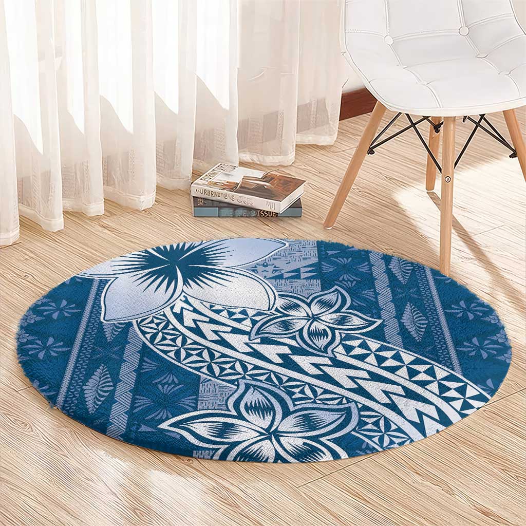 Tonga Kupesi Ngatu Round Carpet Vintage Blue Plumeria
