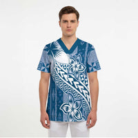 Tonga Kupesi Ngatu Scrub Top Vintage Blue Plumeria - Polynesian Pride