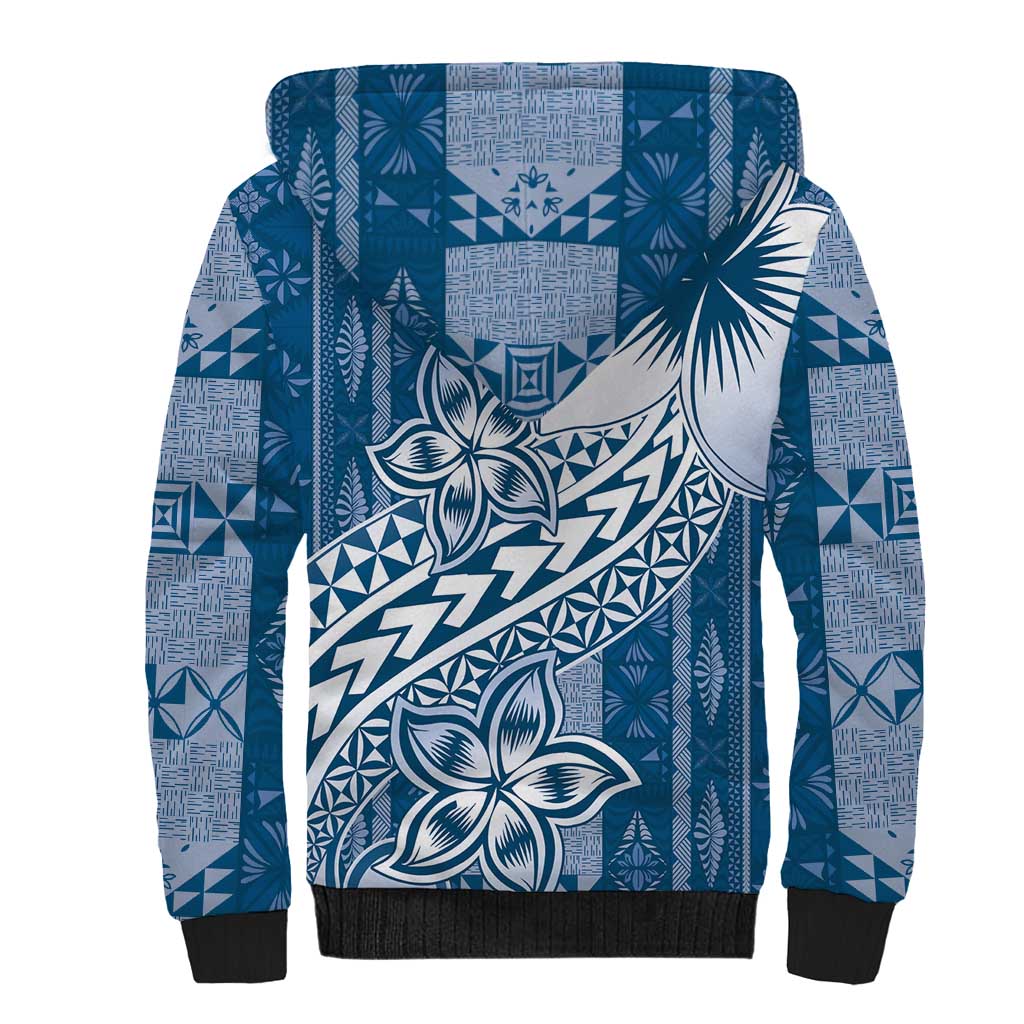 Tonga Kupesi Ngatu Sherpa Hoodie Vintage Blue Plumeria LT05 - Polynesian Pride