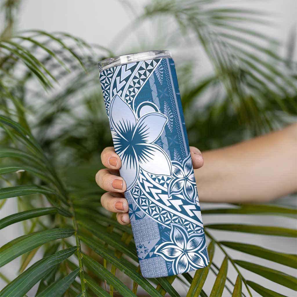Tonga Kupesi Ngatu Skinny Tumbler Vintage Blue Plumeria