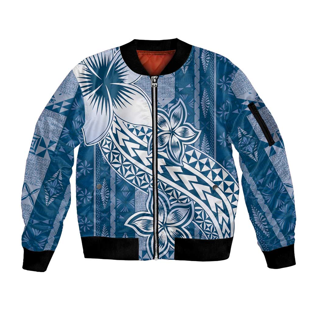 Tonga Kupesi Ngatu Sleeve Zip Bomber Jacket Vintage Blue Plumeria