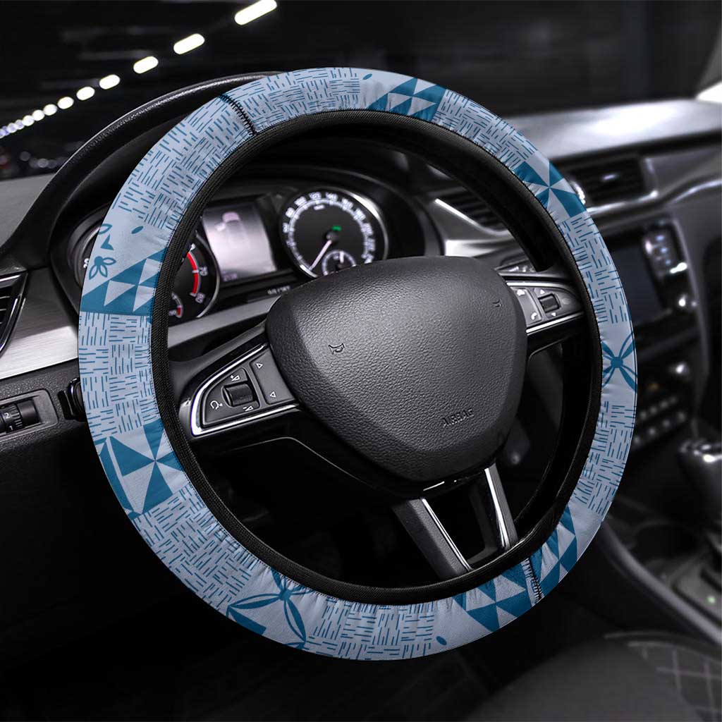 Tonga Kupesi Ngatu Steering Wheel Cover Vintage Blue Plumeria LT05 Universal Fit Blue - Polynesian Pride