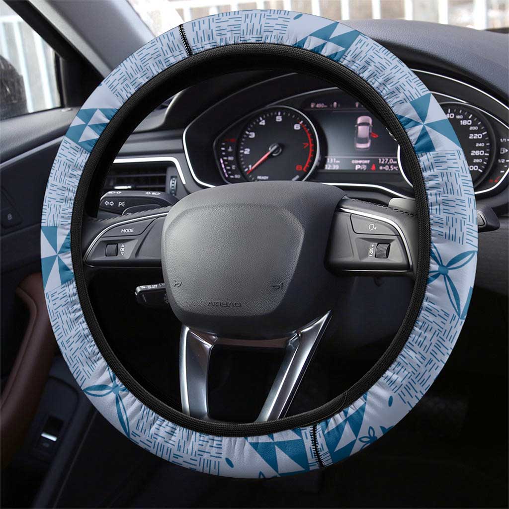 Tonga Kupesi Ngatu Steering Wheel Cover Vintage Blue Plumeria LT05 - Polynesian Pride