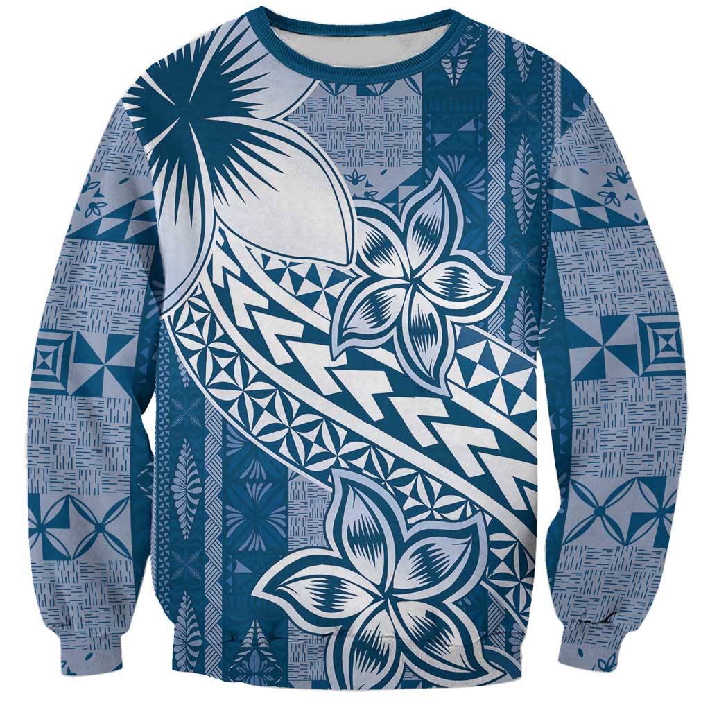 Tonga Kupesi Ngatu Sweatshirt Vintage Blue Plumeria LT05 Unisex Blue - Polynesian Pride
