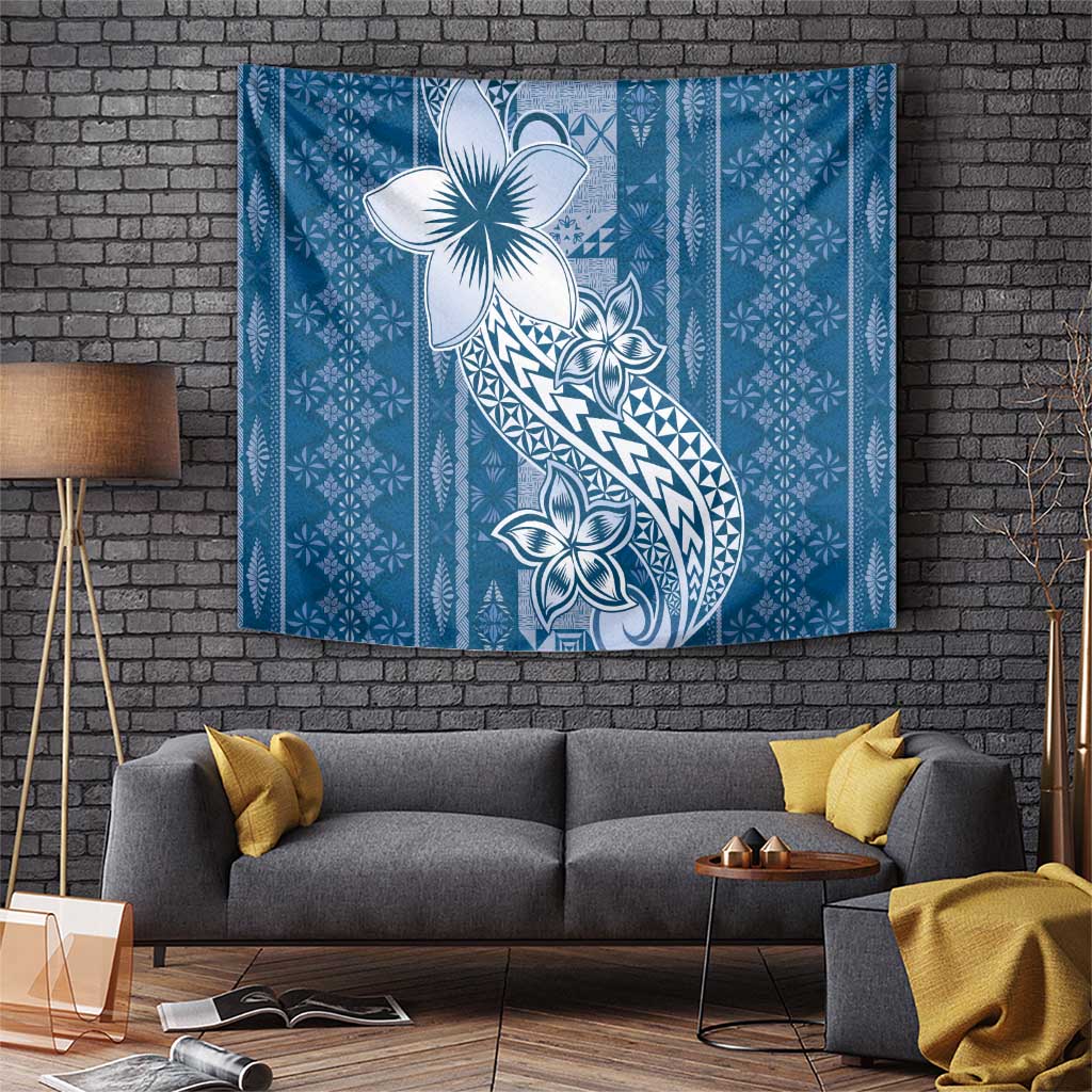 Tonga Kupesi Ngatu Tapestry Vintage Blue Plumeria