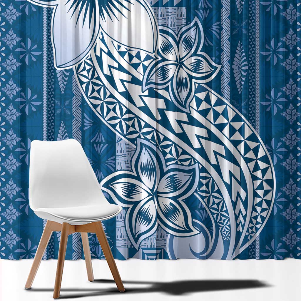 Tonga Kupesi Ngatu Window Curtain Vintage Blue Plumeria LT05 - Polynesian Pride