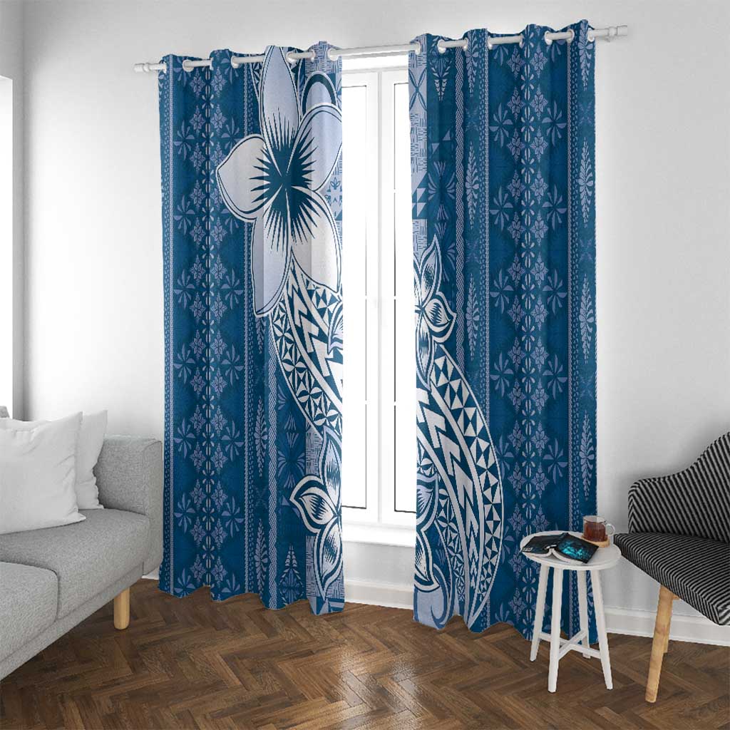 Tonga Kupesi Ngatu Window Curtain Vintage Blue Plumeria LT05 With Grommets Blue - Polynesian Pride