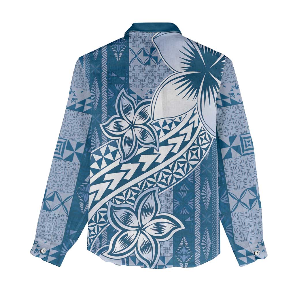 Tonga Kupesi Ngatu Women Casual Shirt Vintage Blue Plumeria